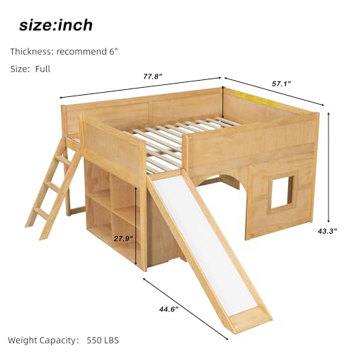 Merax Full Size Loft Bed with Slide & Stairs, Low Loft Bed for Kids, Solid Wood Bed Frame with Storage Shelve, Guard Rails, Slat Support & Under-Bed Play Space, No Box Spring Needed, Natural Merax