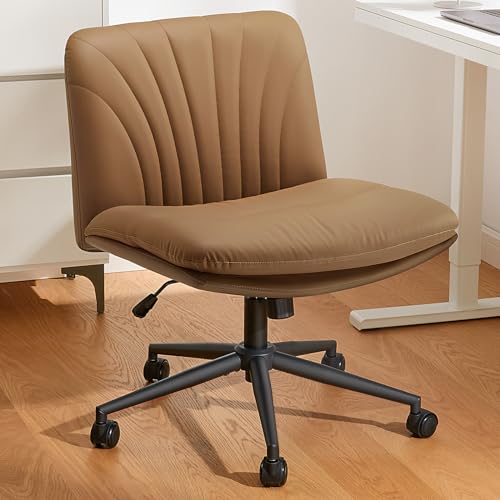 Marsail Armless-Office Desk Chair with Wheels: PU Leather Cross Legged Wide Chair,Comfortable Adjustable Swivel Computer Task Chairs for Home,Office,Make Up,Small Space,Bed Room, Brown Marsail