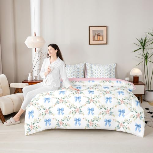 Erosebridal Flower Bowknot 7 Piece Bed in a Bag Twin Coquette Decor 7 Piece Comforter Set Dreamy Princess Style Fitted Sheet Reversible Natural Floral Ribbon Sheet Set Breathable Lightweight Erosebridal