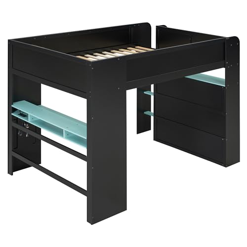 Bellemave Full Loft Bed with Height-Adjustable Desk,Wardrobe,Ample Storage Space,and RGB Light, Gaming loft Bed with Desk, Black+Blue Bellemave