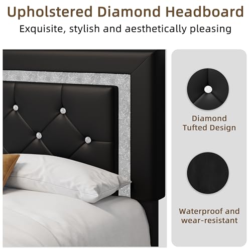 AILUNWALL Floating Bed Frame Full with LED Light, Upholstered Queen Bed Frame with Headboard, Solid Wood Slats Support, Noise-Free, Easy Assembly, No Box Spring Needed (Black, Full) AILUNWALL