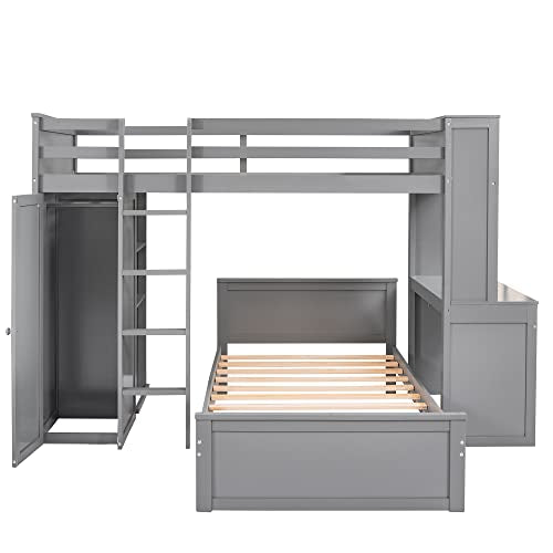 Harper & Bright Designs Twin Over Twin Bunk Bed with Desk, Drawers and Wardrobe, Wooden Loft with Stand-Alone Bed and Shelves for Kids Teens, Grey Harper & Bright Designs