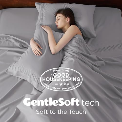 Bedsure Deep Pocket Queen Sheets Set - Fits Mattresses Up to 21 Inches Thick - 4 Piece GentleSoft Bed Sheets, Moisture Wicking, Soft & Cooling Bedsheet & Pillowcases, Easy & Secure Fit, Light Grey Bedsure