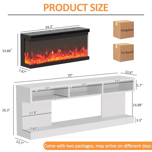Spurgehom Fireplace TV Stand with 34" 3-Sided Electric Fireplace, Led Light Entertainment Center, TV Console with Storage, Media Console for TVs up to 80", TV Cabinet for Living Room (White) Spurgehom