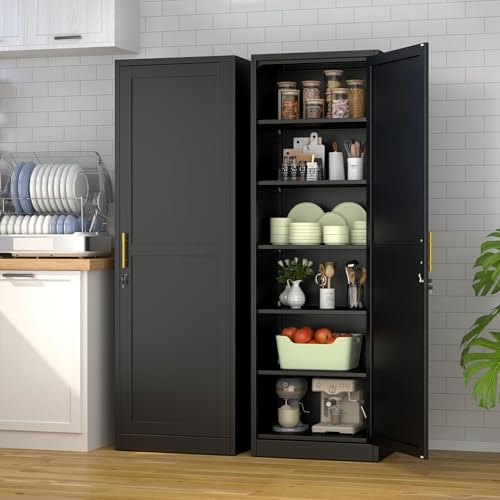 risuoge Metal Locker Cabinet, 19.7’’W Narrow Lockable Single Bathroom Storage Cabinet, File Cabinet with Lock and Adjustable Shelves for Living Room, Home Office, Kitchen, Black risuoge