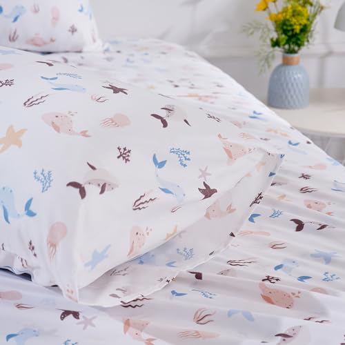 Sea Animal Queen Sheets Fish Whale Underwater World Cute Cozy Fun Queen Bed Sheet Set for Kids Girls Boys Children - Kids Bed Sheet Collection - Deep Pocket, Wrinkle Free and Soft Bedding - 4PC Best Season