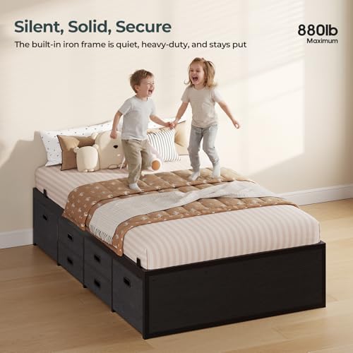 ADORNEVE Twin Bed Frames with 12 Storage Drawers, Metal Bed Frame Twin with Steel Slat Support, Footboard, Platform Bed for Kids,Teens, No Box Spring Needed, Easy Assembly, Noise-Free,Black ADORNEVE