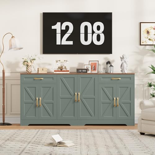 BOTLOG 71” Large Sideboard Buffet Cabinet with Storage, Farmhouse Kitchen Buffet Cabinet with Adjustable Shelves and 6 Barn Doors, Wood Coffee Wine Bar Console Table for Kitchen, Dining Room, Green BOTLOG