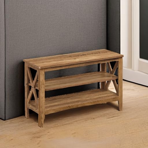 VASAGLE, Entryway Storage Bench, 2-Tier Shoe Rack, 11.8 x 31.5 x 18.9 Inches, Holds up to 300 lb, Farmhouse Style, for Living Room, Bedroom, Honey Brown ULSB053K41 VASAGLE