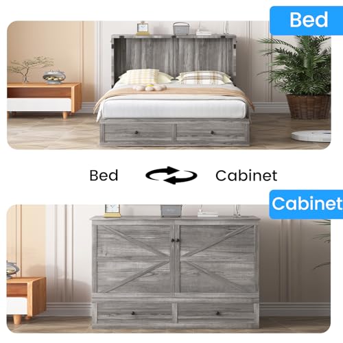 PUREMIND Full Murphy Bed Cabinet with Mattress Included, Bedroom Cabinet Beds with USB Charging Station, Murphy Chest Bed with Storage Drawers, Horizontal Wallbed for Guest Room Grey PUREMIND