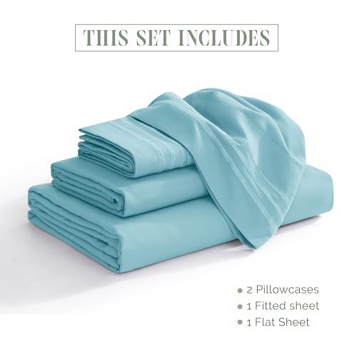 Elegant Comfort Luxurious 1500 Premium Hotel Quality Microfiber Three Line Embroidered Softest 4-Piece Bed Sheet Set, Wrinkle and Fade Resistant, King, Aqua Blue