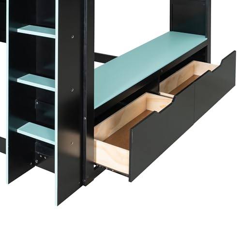 Tdewlye Unique Full Size Wood Gaming Loft Bed with Height-Adjustable Desk,Drawers,Storage Compartments,Hanging Rod and RGB Lights,for Kids Teens Adults Bedroom Use (Blue#RGB, Full) Tdewlye