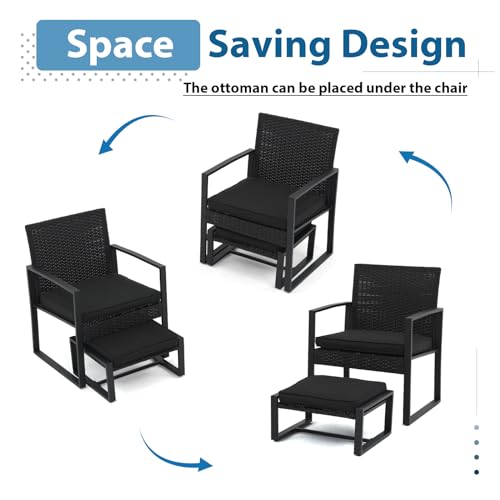 JOIVI 5 Pieces Patio Bistro Set, PE Wicker Outdoor Patio Furniture Set, Modern Rattan Patio Chairs with Table & Ottomans, Patio Conversation Sets for Balcony, Front Porch, Garden, Black Cushion JOIVI