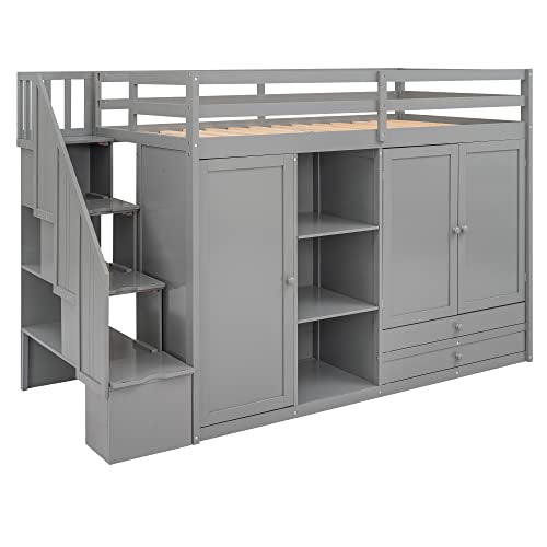 Ball & Cast Twin Size Loft Bed with 3 Shelves and 2 Wardrobes,Wooden Bedframe W/ 2 Drawers & Storage Ladder,Space Saving,Slat Support,Bedroom Furniture for Student Dorms,Guest Rooms,Gray Ball & Cast