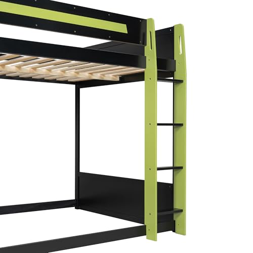 Full Size Bunk Bed with Desk & Charging Station & RGB Light Strip,Wooden Gaming Bunk Bed Frame with Storage Shelves,Safety Guardrails & Ladder for Bedroom,Under-Bed Space,No Box Spring Needed,Green FUvellamo