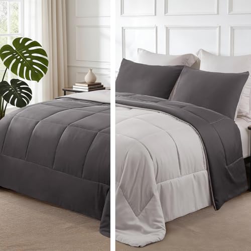 Exclusivo Mezcla Lightweight Reversible King Size Comforter Set, Down Alternative Comforter with 2 Pillow Sham, King Size Bedding Set for All Seasons, Grey Exclusivo Mezcla