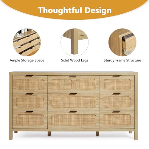 LEVNARY 9 Drawer Dresser for Bedroom, Rattan Dressers & Chest of Drawers, Large 58" Long Dressers Wooden Storage Organizer Dresser for Closet, Entryway, Living Room (Natural) LEVNARY