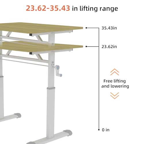 Penau Height Adjustable Standing Desk, Manual Crank Sit Stand Computer Desk, Compact Rectangular Home Office Study Desk, White Frame Natural Wood Top, 32.68 x 23.62 x 35.43 Inchs Penau