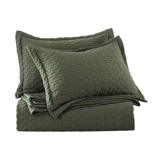 WDCOZY Olive Green King Size Quilt Set, Geometric Box Lightweight Bedspread, Soft Farmhouse Rustic Coverlet, Spring Summer Thin Comforter, Country Bedding, 104x90 inches WDCOZY