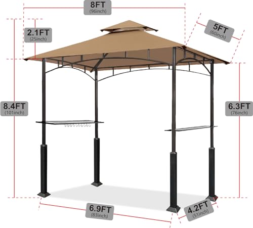 Eurmax USA 5x8 Grill Gazebo Shelter for Patio and Outdoor Backyard BBQ's, Double Tier Soft Top Canopy and Steel Frame with Bar Counters, Bonus LED Light X2(Khaki) Eurmax