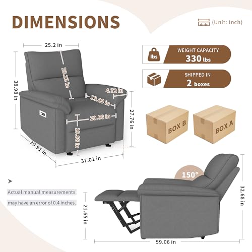 QicoFelix Wall Hugger Recliners for Small Spaces, Zero Wall Power Recliner on Clearance, Fabric RV Recliner, Home Theater Seating for Living Room w/USB Ports (Dark Gray)