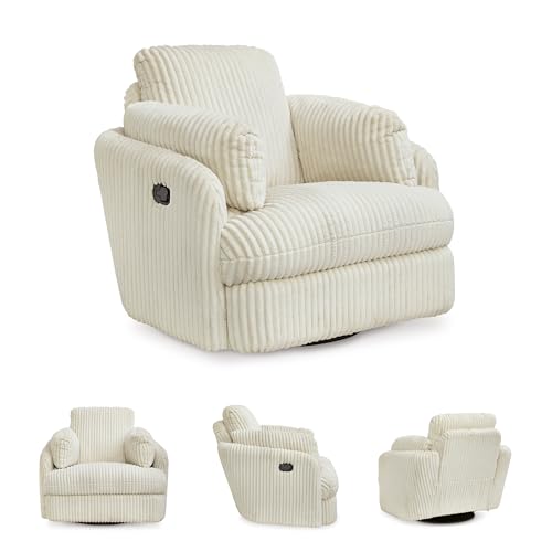 Signature Design by Ashley Tie-Breaker Cozy Contemporary Manual Press-Back Swivel Glider Rocker Recliner with 2 Bolster Pillows and Hidden Storage, White Signature Design by Ashley
