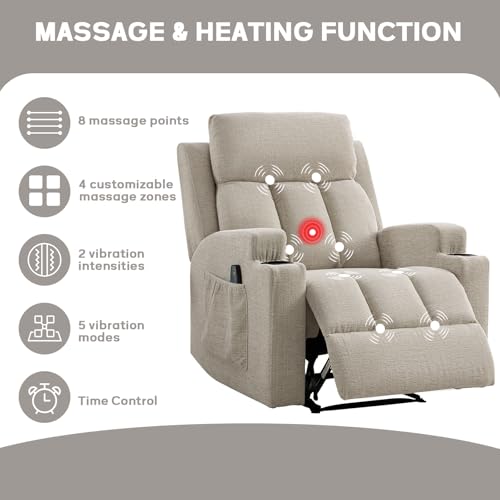 CANMOV Manual Recliner Chair with Massage and Heat,Comfy Recliner Chair Sofa with Overstuffed Arms and Back, Manual Reclining Single Sofa with 2 Cup Holders, Side Pocket for Living Room,Beige