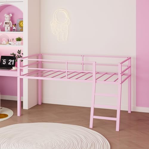 Lutown-Teen 43 inch High Metal Twin XL Loft Bed with Stairs and Guardrail for Juniors, Space Saving Loft Bed for Small Bedroom, Pink Lutown-Teen