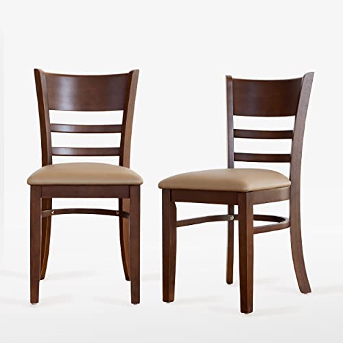 Livinia Cabin Dining Chair Set of 2, Solid Malaysian Oak PU Leather Upholstered Cushion Seat Wooden Ladder Back Side Chairs (Walnut) Assembly Livinia