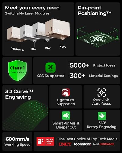 xTool S1 Laser Engraver with Rotary, Engraving on Tumbler, 20W Laser Etching, Cut 10mm Wood, Beginner-Friendly for Jewelry and Gift Making with Metal, Wood, Acrylic, Leather xTool