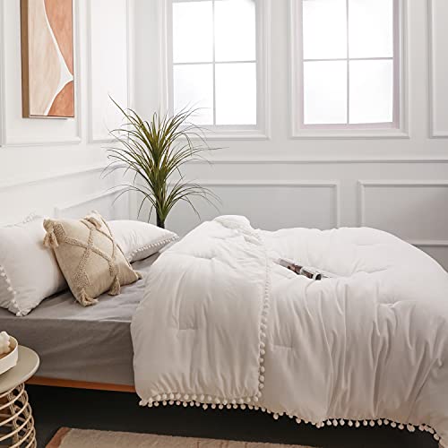 YIRDDEO Queen Comforter Set - Comforter Queen Size Sets with Ball Pom Fringe, Soft Bedding Set for All Seasons - 3 Pieces, 1 Comforter (90"x90") & 2 Pillow Shams (20"x26"), White YIRDDEO