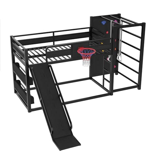 Bellemave Twin Size Bunk Bed with Basketball Hoop, Pull-up Rings and Climbing Wall, Twin Bunk Bed with Slide and Bookcase, Heavy Duty Bunk Beds with Guardrail, Black Bellemave