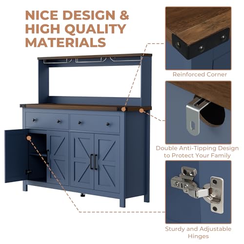 VVFLU Hutch Storage Buffet Cabinet with Drawers, and Charging Station, Coffee Bar Cabinet with Barn Doors, Wine Rack and Hooks, Blue Wood Sideboard Buffet for Kitchen, Dining Room, 54.1" High VVFLU