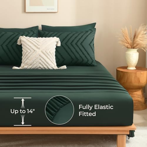 Litanika Comforters Queen Size Set with Sheets Dark Emerald Green - 7 Pieces Bed in a Bag Queen Chevron Tufted Complete Beddding Sets with Comforter, Sheets, Pillowcases & Shams