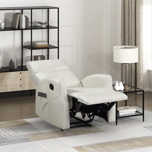 Lexicon Manual Recliner Chair, Wall Hugger Reclining Chair, Faux Leather Nursery Recliner, Tab Pull Reclining, Magazine Pocket, for Living Room/Theater Seating/Apartment, Easy Assembly, Beige