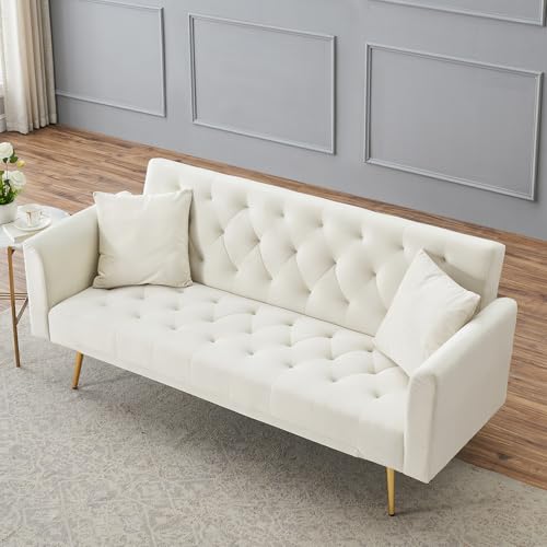 71" Modern Velvet Sofa Bed Futon, Convertible Sleeper Couch with Adjustable Backrest, Tufted Recliner Loveseat with Golden Chrome Legs & 2 Pillows for Small Spaces, Living Room, Apartment (Beige) Generic