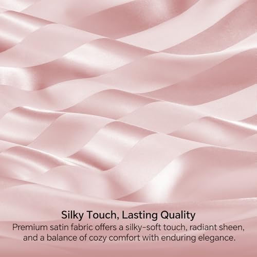 BEDELITE Satin Sheets Queen Size, Luxury Jacquard Striped Pink Bedsheets Set with Elastic Corner Straps, Similar to Silk Sheets Set 4 PC with 1 Deep Pocket Fitted Sheet, 1 Flat Sheet, & 2 Pillowcases BEDELITE