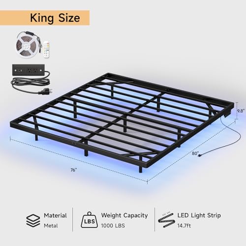 ONBRILL King Size Floating Bed Frame with USB Charging Station and Smart LED Lights, Heavy Duty Metal Platform Bed with Underbed Storage Space, Easy to Assemble, Noise-Free, No Box Spring Needed ONBRILL