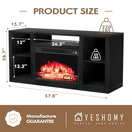 YESHOMY Electric Fireplace TV Stand for Televisions up to 65+ Inch, Media Entertainment Center Console Table with Four Open Storage Shelves & Cabinets, 58 Inch, Dark Black YESHOMY