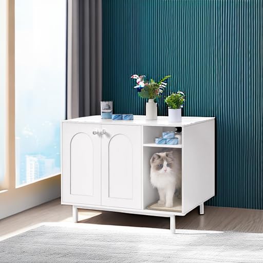 Hzuaneri Cat Litter Box Enclosure Enclosed, Hidden Litter Box Cabinet Furniture with Storage, Wooden Indoor Cat House Large, Modern End Table for Living Room Entryway, White CB01513W Hzuaneri