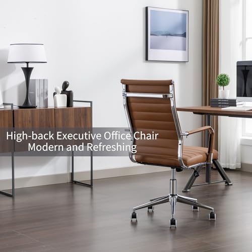 Office Desk Chair Leather, Conference Room Chairs with Wheels, Executive Modern High Back Ergonomic Swivel Rolling Ribbed Computer Chair(Brown) BoisKom