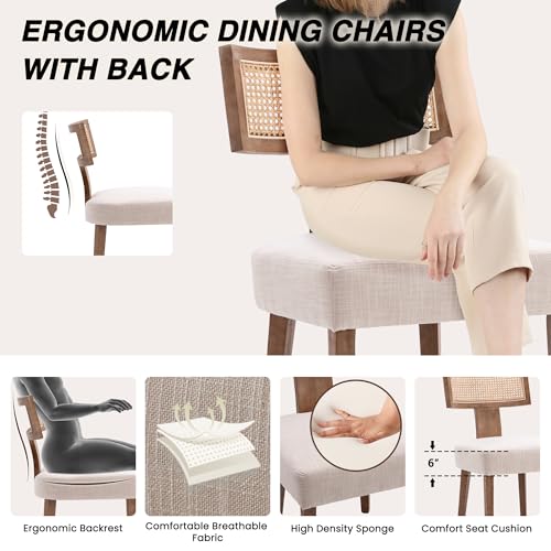 HNY Mid Century Modern Rattan Dining Chairs Set of 6, Farmhouse Linen Upholstered Accent Chair Curved Backrest Kitchen Chairs, with Hardwood Frame, Beige HNY