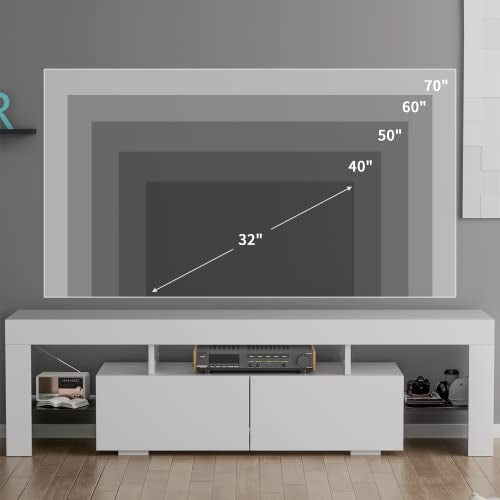 YESHOMY Modern LED TV Stand for Televisions up to 70 Inch with Glass Shelves and Drawer, Gaming Entertainment Center with Multiple Dynamic RGB Modes, for Livingroom, Bedroom, 60 Inch, White YESHOMY