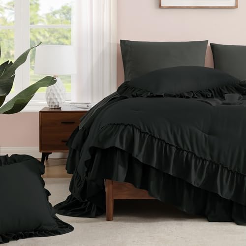 AMBERSPACE Queen Comforter Set Black, Ruffle Shabby Chic Bedding Set Farmhouse 7 Pieces, All Season Fluffy Bed in a Bag with Sheets, Pillowcases & Shams AMBERSPACE