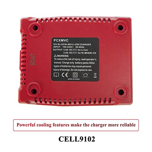 2Packs 18V Lithium Battery and PCXMVC Charger for Porter Cable 18V Battery,Cell9102 Replacement Porter Cable PC18BL PC18BLEX PC18B PC18B-2 18-Volt Cordless Tools Batteries CELL9102