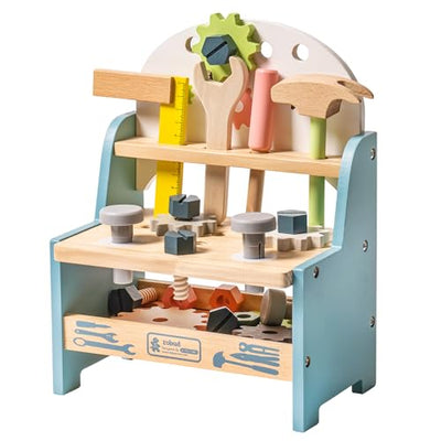 ROBUD Mini Wooden Play Tool Workbench Set for Kids Toddlers - Construction Toys Gift for 18 Months 2 3 4 5 Years Old Boys Girls