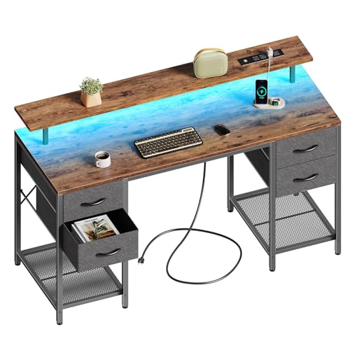 Huuger 55 inch Computer Desk with 4 Drawers, Gaming Desk with LED Lights & Power Outlets, Home Office Desk with Large Storage Space for Bedroom, Work from Home, Rustic Brown Huuger