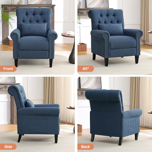 choairy Pushback Recliner Chair, Accent Push Back Chair with Adjustable Footrest, Upholstered Linen Fabric Reclining Sofa with Side Pocket, Comfy Modern Armchair for Living Room, Navy Blue