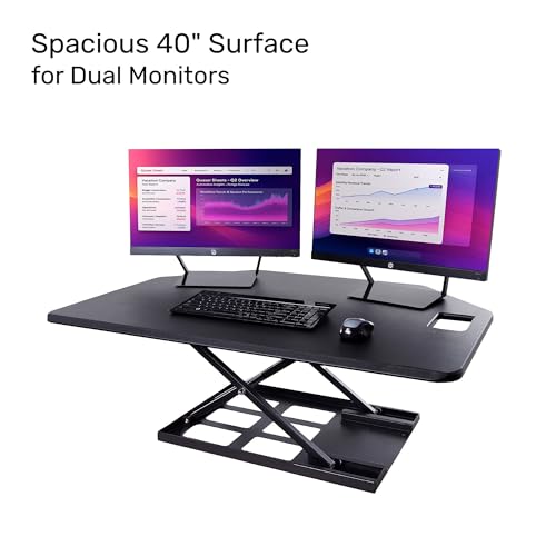 X-Elite Pro 40" Corner Standing Desk Converter with Pneumatic Lift | Adjustable Sit to Stand Riser, L-Shaped Desks & Cubicles | Fully Assembled Computer Workstation (Matte Black) Stand Steady