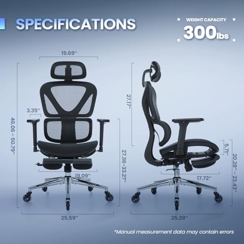 MALOL Ergonomic Office Chair with Footrest, Mesh Home Office Computer Chair with Adjustable Headrest and 3D Arms, Backrest Height, Tilt Lock and Lumbar Support, 300LBS MALOL